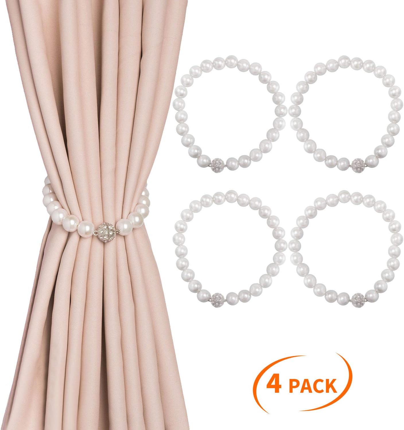 Dofulay Magnetic Curtain Tiebacks,4 Pack Pearl Style Window Drape Twist Tie Backs Decorative Weave Rope Drapery Holdbacks for Big,Wide or Thick Curtain (16”, White)