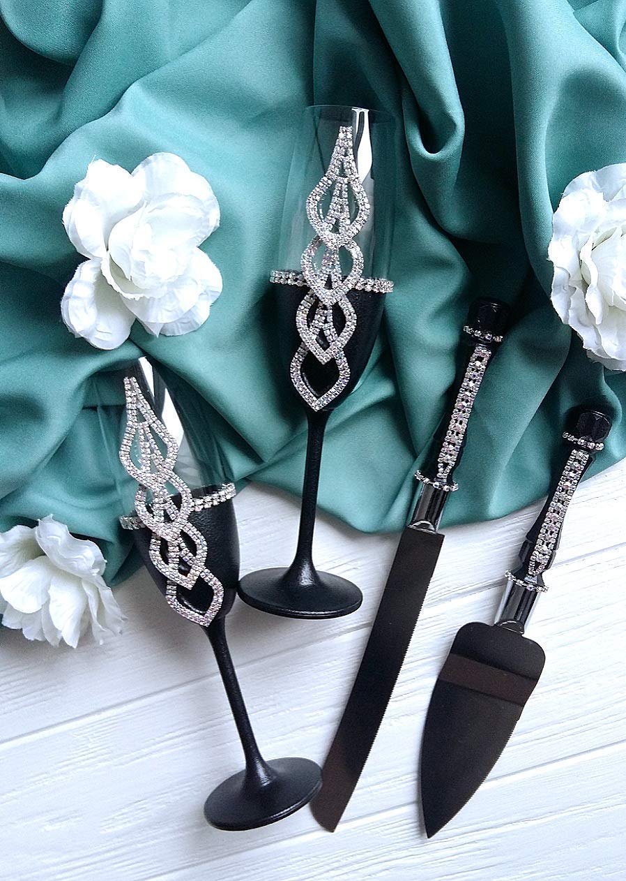 Black wedding champagne glasses and cake server set with