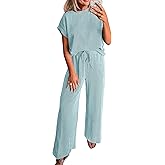 KIRUNDO 2 Piece Sets for Women Dressy Casual Ribbed Knit Short Sleeve Tops Wide Leg Pants Lounge Set Travel Airport Outfits