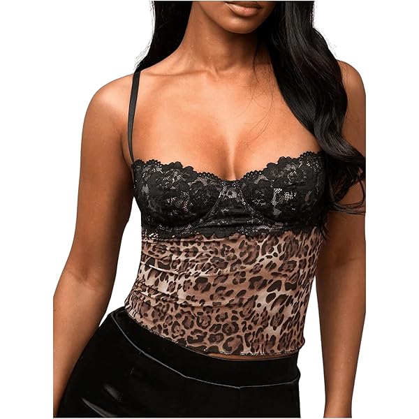 SOLY HUX Women's Y2k Lace Trim Leopard Print Camisole Tops