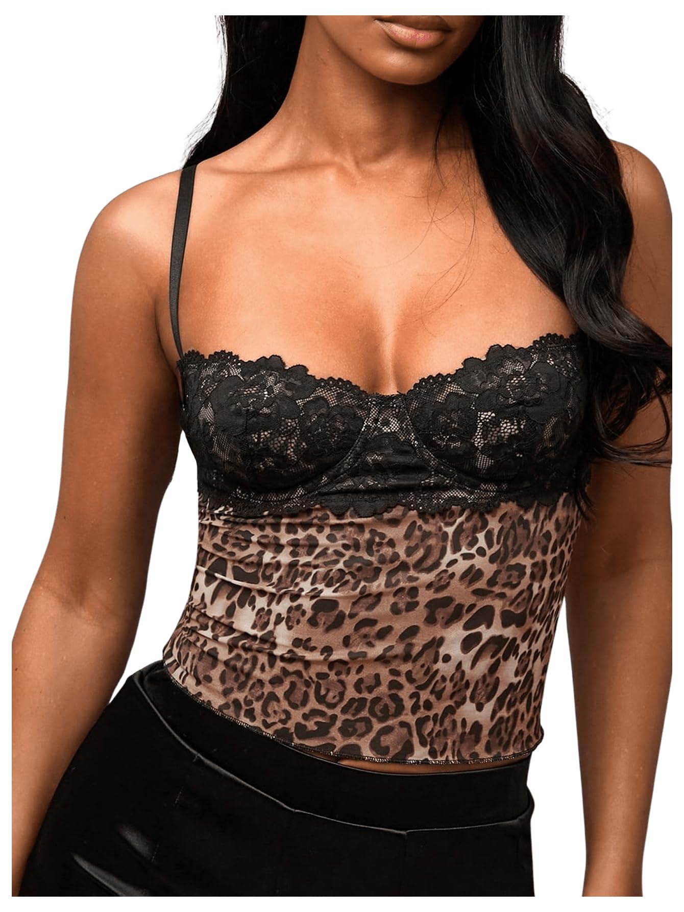 Photo 1 of SOLY HUX Women's Floral Lace Trim Camisole Spaghetti Strap Fitted Shirt Top Summer Crop Cami Tops Brown Leopard Large