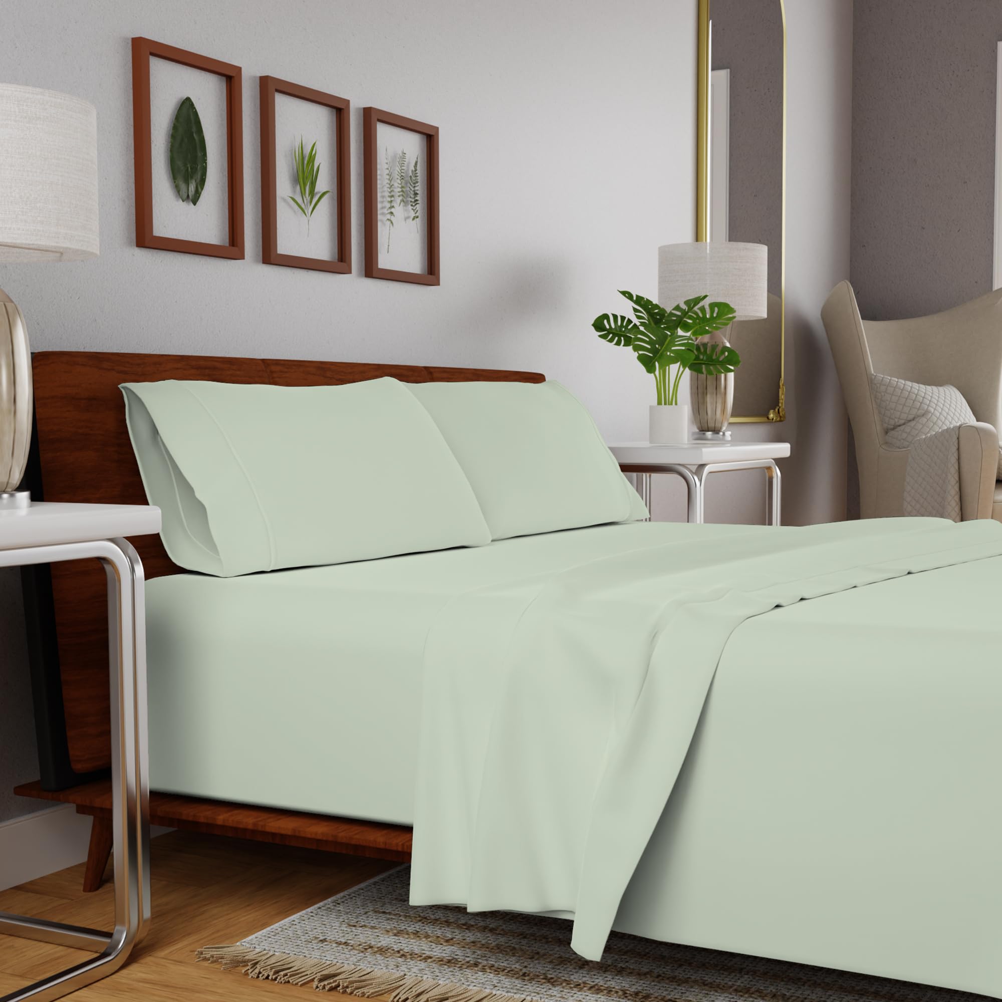 SUPREME ELEGANCE Organic 100% Cotton Percale Sheets - Queen Light Green, 16" Deep Pocket, Cooling & Breathable Queen Sheet Set