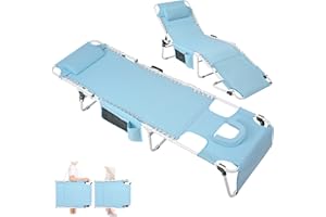 MINNDUDU Heavy Duty Tanning Chair with Face Hole Adjustable 5-Position Folding Chaise Lounge Chairs for Outside Portable Lay Flat for Beach, Outdoor Sunbathing Patio Pool Lawn Camping Deck Poolside