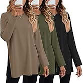 Huukeay 3 Pack Oversized Long Sleeve Shirts for Women Cotton Workout Side Split Gym Crewneck Tops Loose Basic Tee Winter