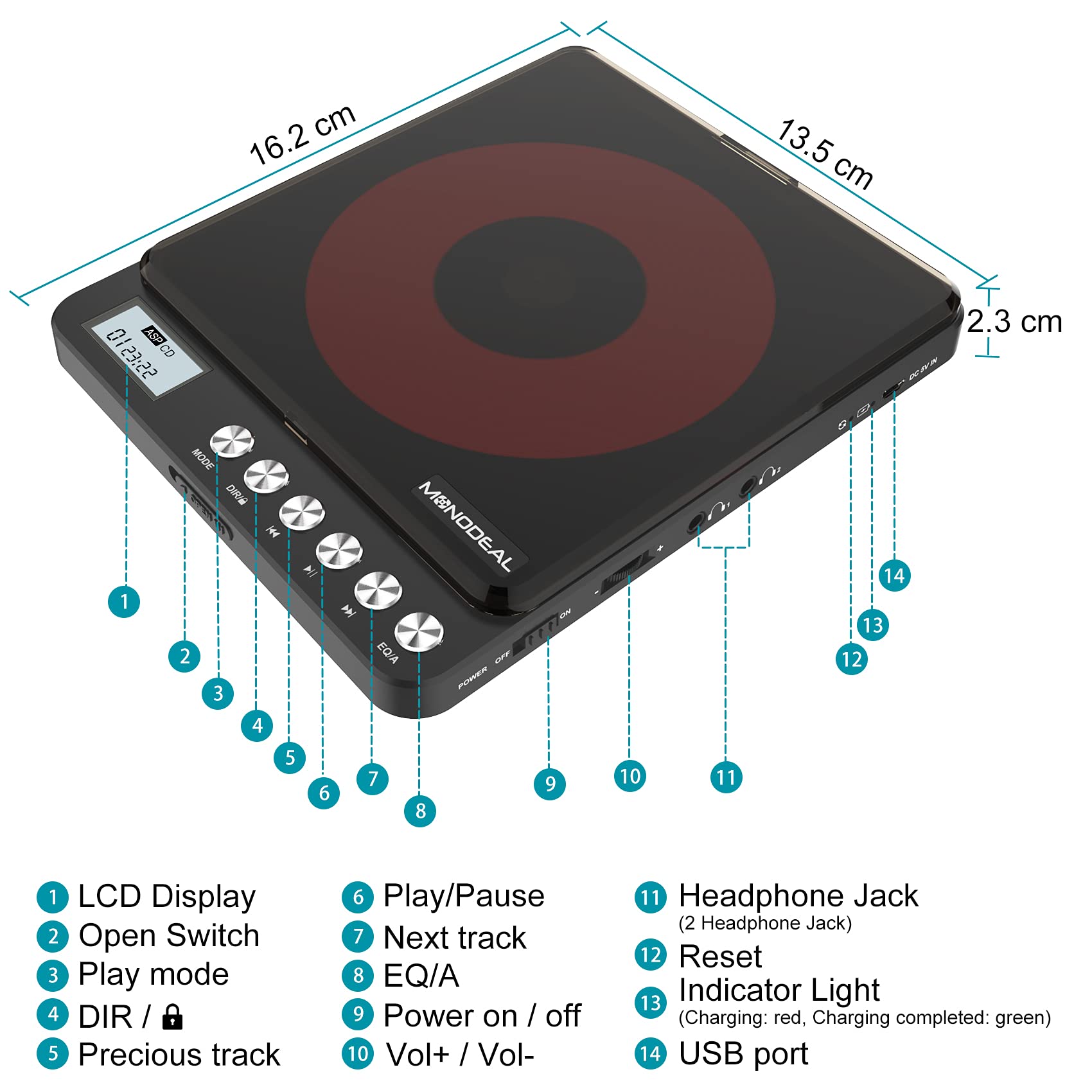 MONODEAL Portable CD Player With Built-in Speakers, Rechargeable for Car and Personal Use, Small Anti-Skip With Dual Headphone Jacks (Black)