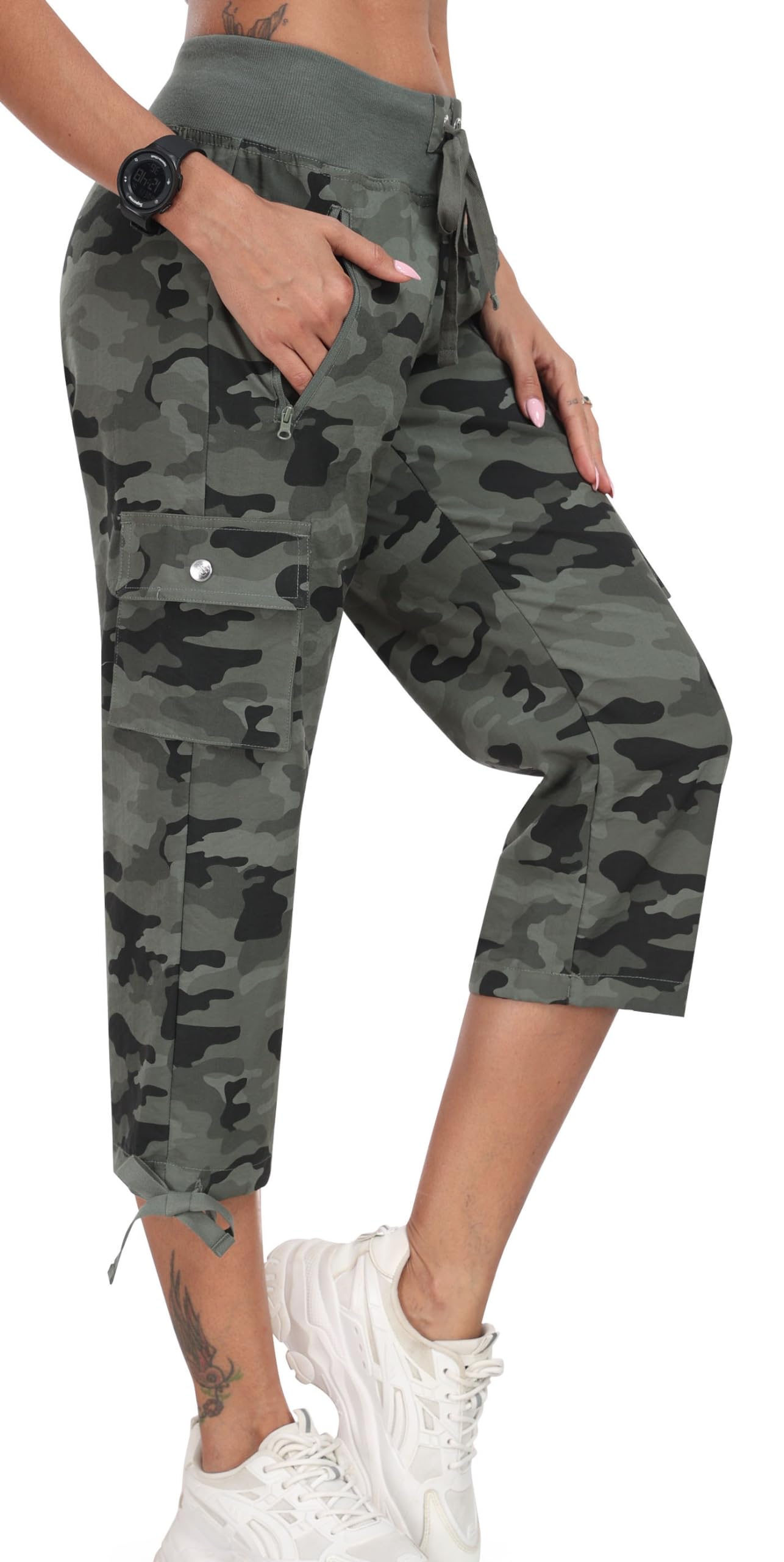 Photo 1 of MoFiz Women's Hiking Capris Pants Lightweight Quick Dry Running Athletic Casual Outdoor Cargo Pants for Women Pockets Camo Green 3XL