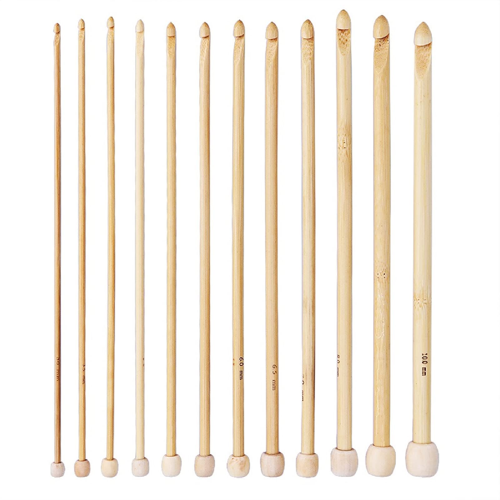 Weiye 12pcs Afghan Tunisian Bamboo Crochet Hooks, Handle Knit Knitting Needles Kit Single Point Knitting Needles Size 3.0-10.0mm, 9.84inch