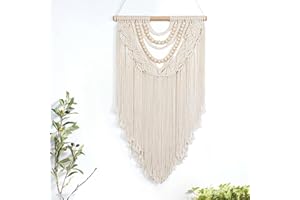 LOMOHOO Macrame Woven Wall Hanging Boho Wall Art Decor Handmade Tapestry with Chic Wooden Beads Bohemian Home Decor for Bedro