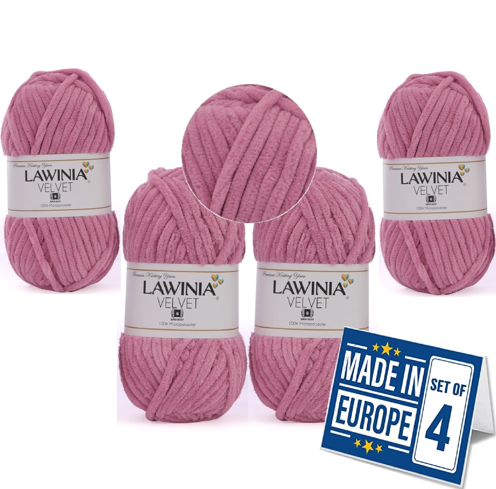 LAWINIA -Velvet Premium Soft Chenille Yarn Chunky, Velvet Yarn Crochet, Does NOT SHED, Plush Blanket Wool for Crochet, Thick Chunky Wool for Knitting, Pack of 4