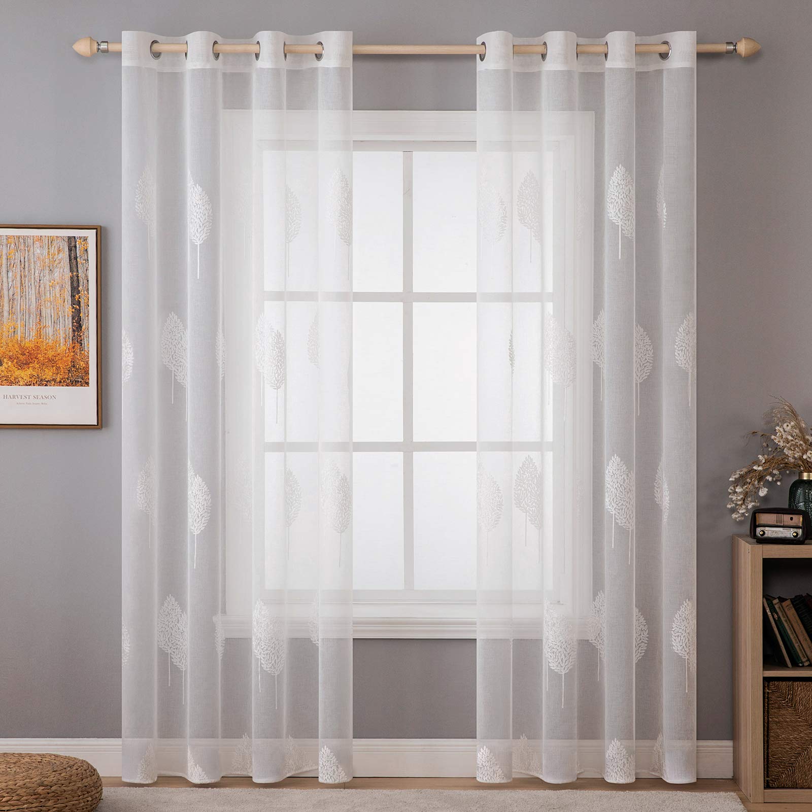 MIULEE Leaves Embroidery Sheer Decoration Grommet Window Curtain Semi Voile Drapes Panels with Eyelets Treatments for Living Room Bedroom Big Leaves 2 Panels 55" Wx 57" L White