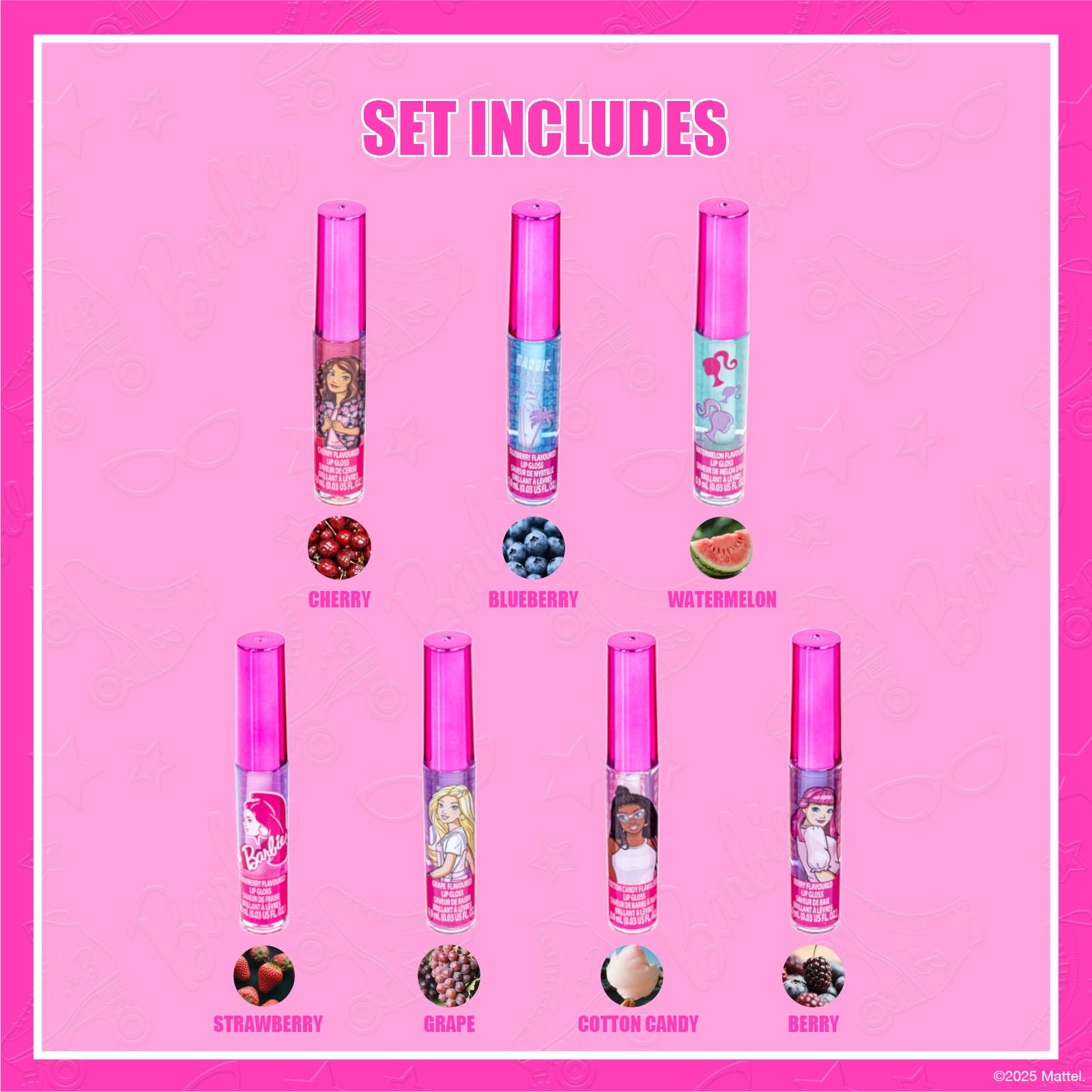 Barbie 7 Piece Plant Based Lip Gloss, Girls Party Favors, First Makeup Set for Girl, Perfect for Parties, Sleepovers, and Birthday Gifts, Ages 3+, by Townley Girl