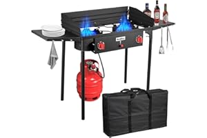 Bestfire 2 Burner Camping Stove with Windpanel& Side Shelves, Bag, Auto Ignition Button,Regulator,150,000 BTU Camping Stove Propane Burner With Removable Legs for Outdoor BBQ&Backyard