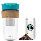 SoleCup. Large Travel Mug Loose Tea Infuser - Detachable Tea Strainer with Spill Proof Lid - 18oz/530ml BPA-Free Reusable Glass Travel Coffee Cup with Cork Band (Blue, 18oz)