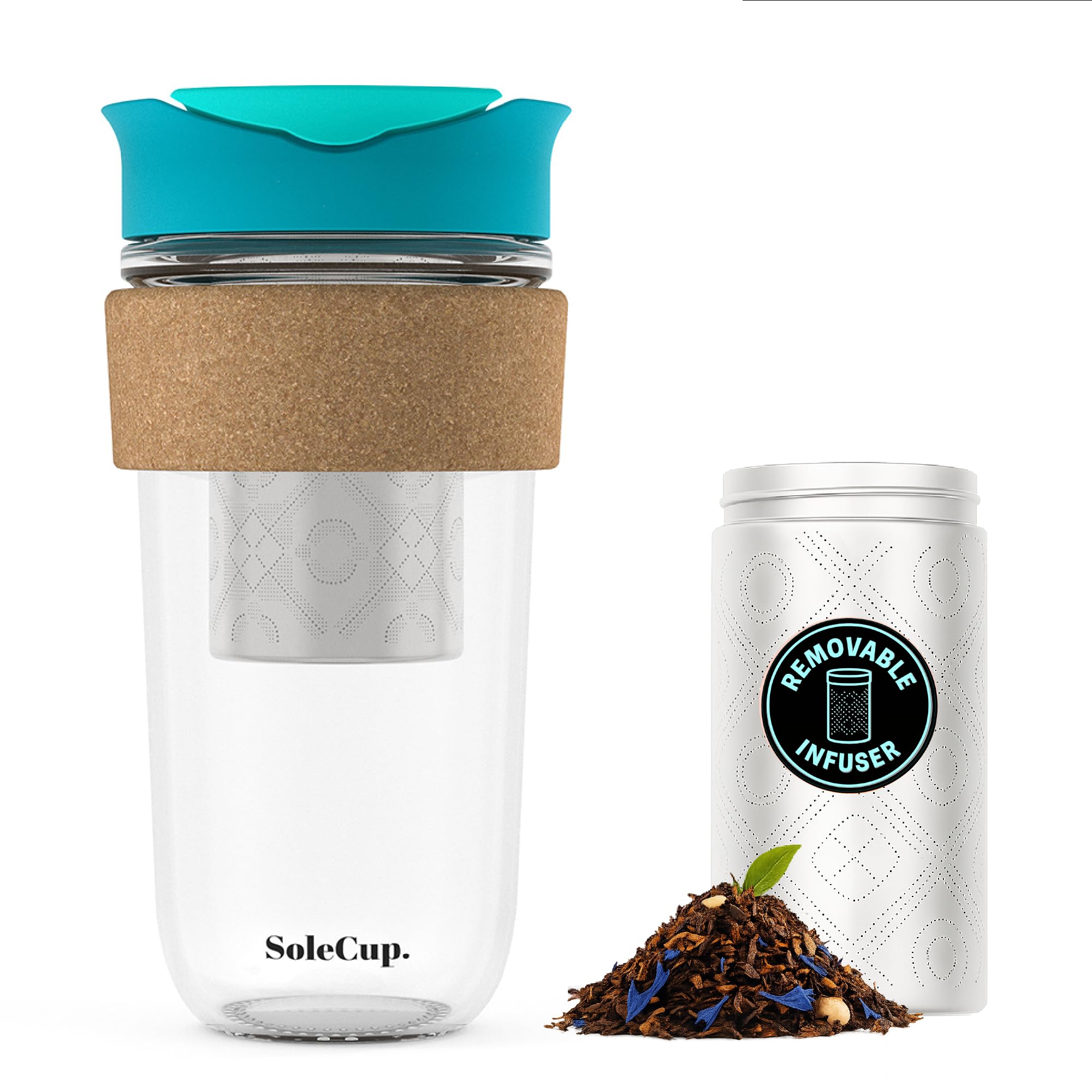 SoleCup. Large Travel Mug Loose Tea Infuser - Detachable Tea Strainer with Spill Proof Lid - 18oz/530ml BPA-Free Reusable Glass Travel Coffee Cup with Cork Band (Blue, 530ml / 18oz)