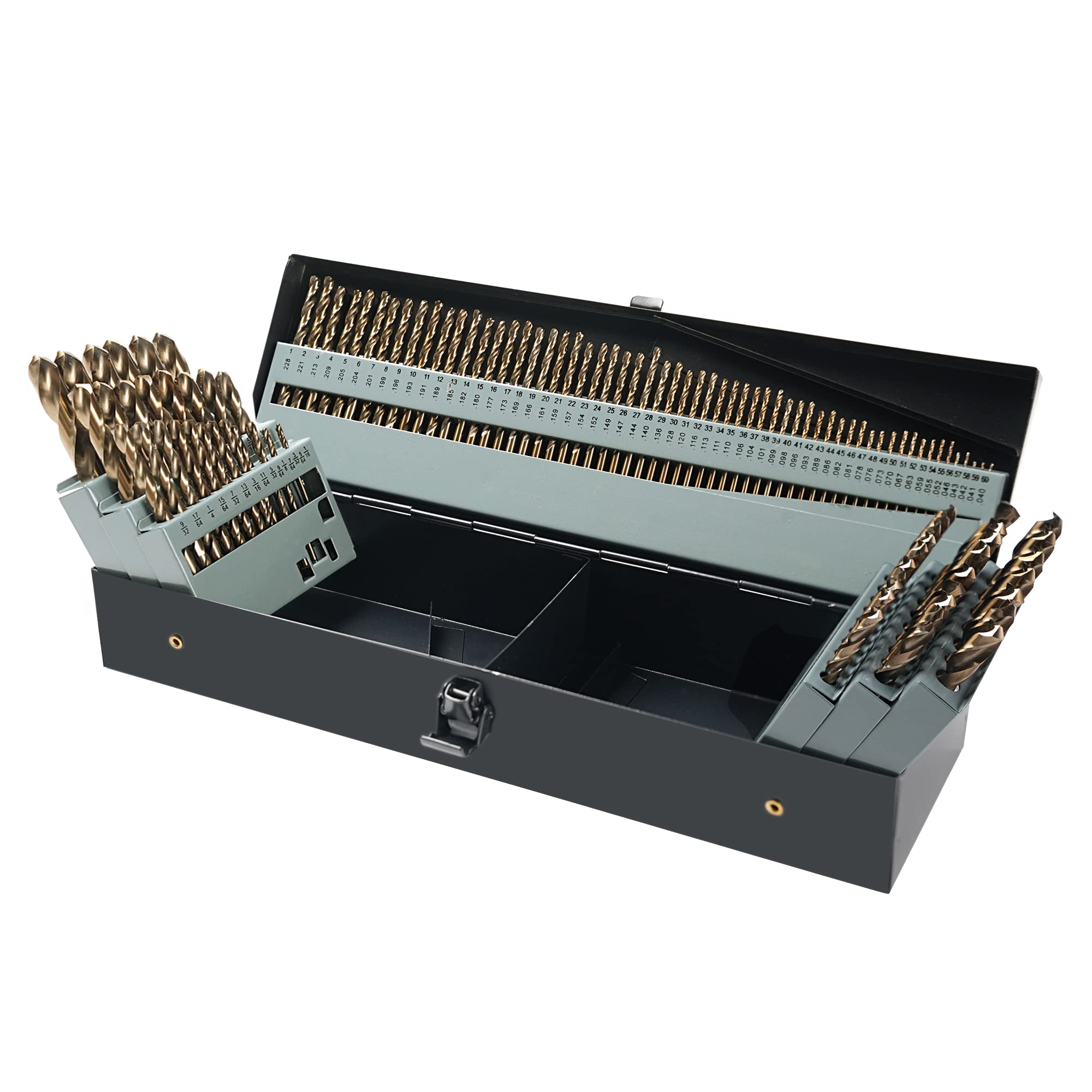 Photo 1 of GMTOOLS 115Pcs Cobalt Drill Bits Set, M35 High Speed Steel, 135 Degree Tip, Twist Jobber Length Drill Bit Kit for Hardened Metal, Plastic and Wood with Metal Indexed Storage Case, 1/16"-1/2"