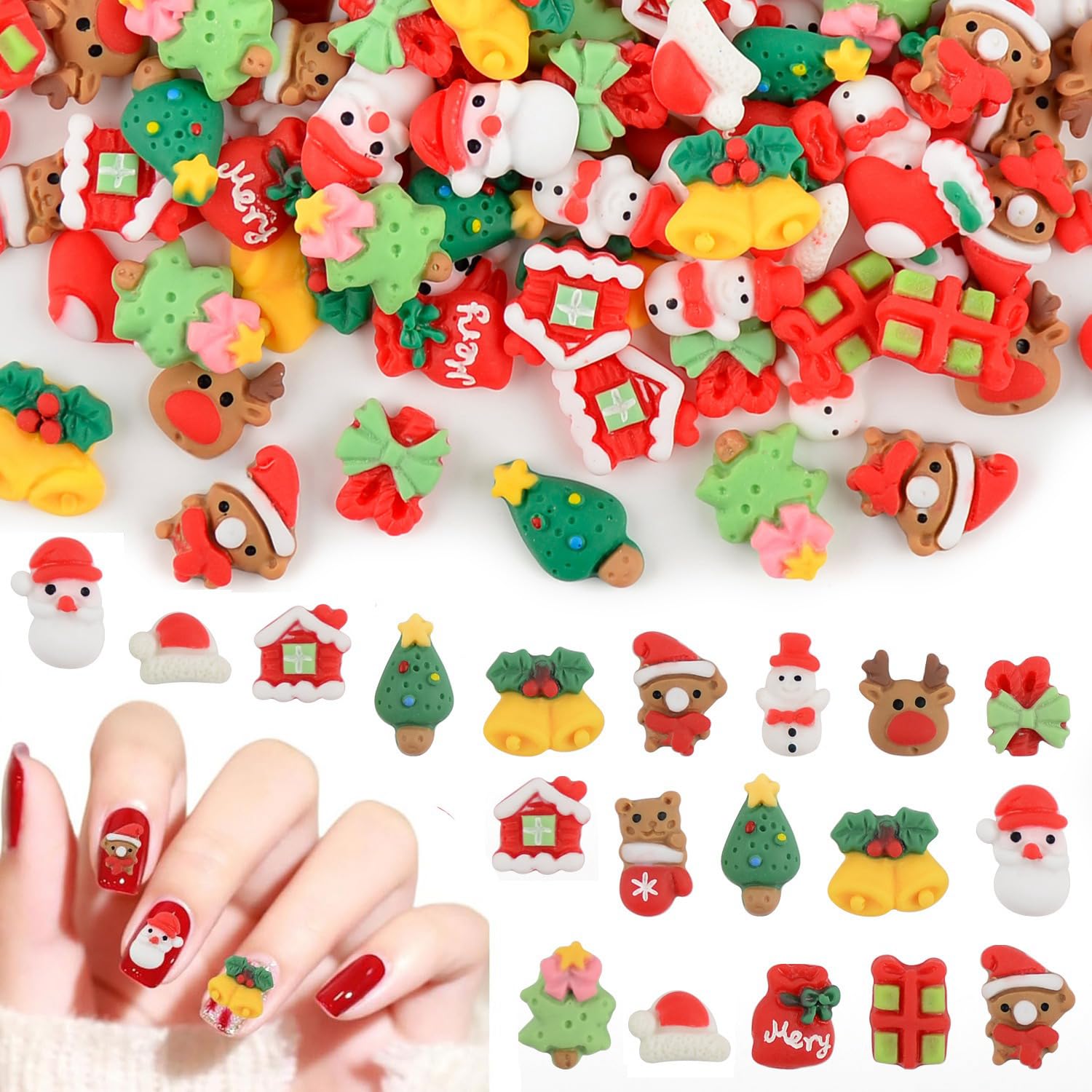 3D Christmas Nail Charms,100PCS Cute Cartoon Christmas Tree Santa Claus Snowman Elk Bell Nail Gems,Xmas Theme Nail Jewelry Decorations Nail Studs for Manicure Design DIY Crafts (Christmas Pattern B)