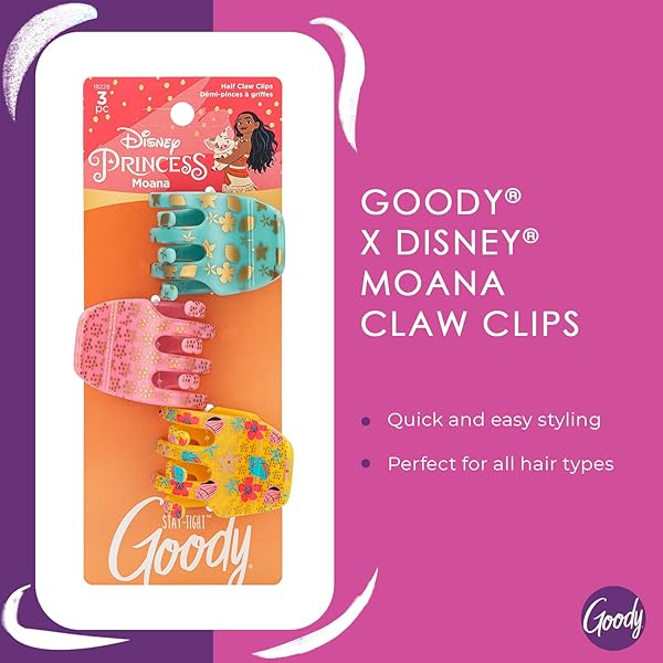 GOODY CLASSICS HALF CLAW CLIPS – 3-PACK, DISNEY PRINCESS, MOANA – GREAT FOR EASILY PULLING UP YOUR HAIR – PAIN-FREE HAIR ACCESSORIES FOR WOMEN, MEN, BOYS, AND GIRLS