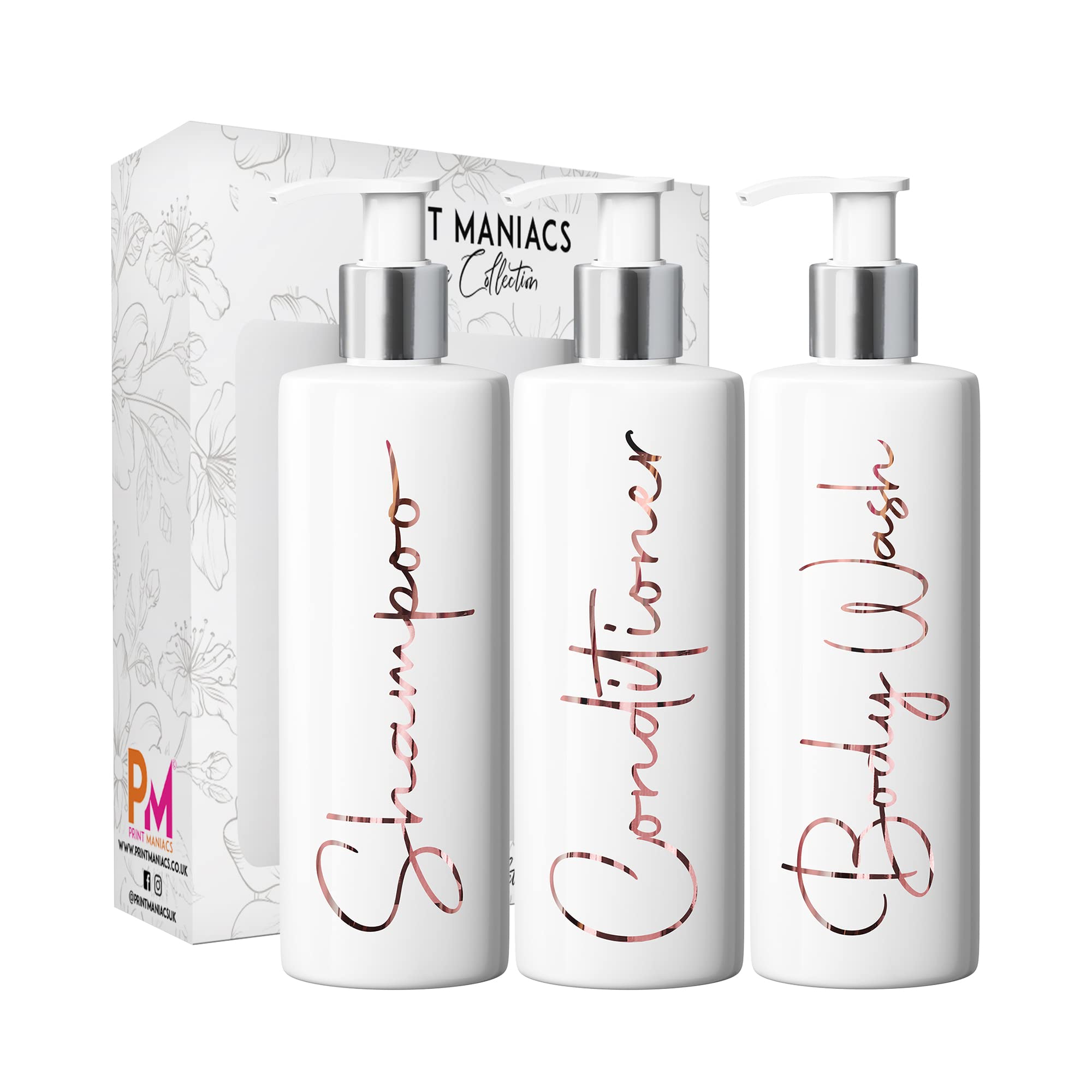 Print Maniacs White Mrs Hinch Inspired Personalised 500ml Pump Bottles Bathroom Lotion Kitchen Set Shampoo Conditioner ( 3 Set, F2 ) (Rose Gold)