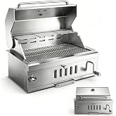 28 In Built in Charcoal BBQ Grills for Outdoor Kitchen | Large Drop-in Barbecue Grill with Liftable Tray, Insulated Hood &amp; Temp Gauge, Heavy Duty Stainless Steel for Family Parties