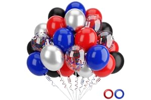 62 Pack Spider Theme Birthday Decorations - 12 Inch Red and Blue Balloons Metallic Silver Balloons with Ribbon for Man Boys K