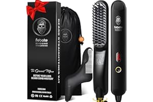 FEBOTE Heated Ionic Hair Straightening Brush for Men - 5 Temperature Settings, Anti-Scald, Beard Shaper & Travel Bag