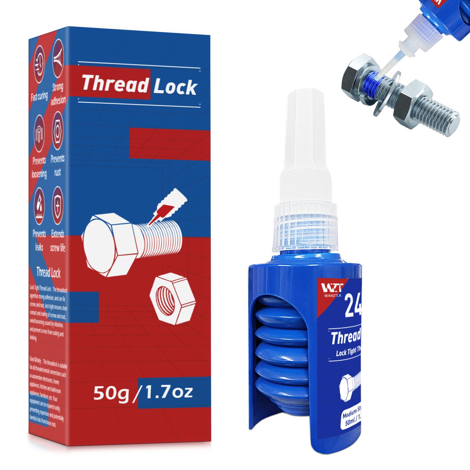 WAN2TLK 50ml Thread Lock Blue, Medium Strength Locktight Threadlock for Gap Filling and Tighten Bolts Nuts, Anti-Rust&Loosening, Lock Tight Thread Lock Sealant