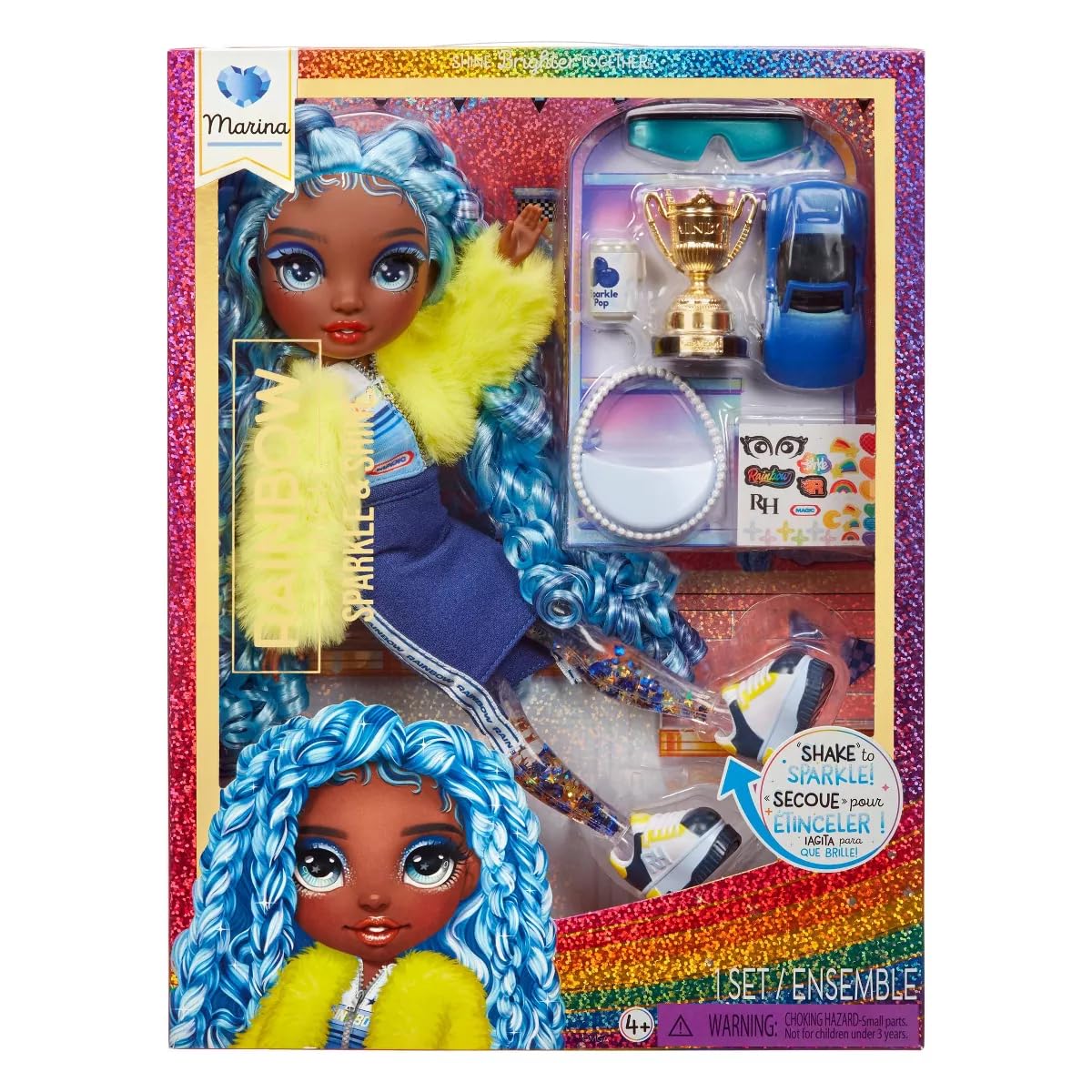 Rainbow High Sparkle and Shine - Marina (Blue) - 28 cm Fashion Doll with Liquid Sparkles in Her Legs, Shake To See them Sparkle, Stickers to Customise, for Kids 4-12 Years Old