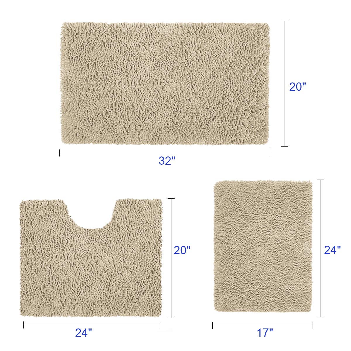 HOMEIDEAS 3 Pieces Bathroom Rugs Set Beige, Luxury Soft Chenille Bath Mats Set, Absorbent Shaggy Bath Rugs & Slip Resistant Plush Carpets Mats for Tub, Shower, Bathroom