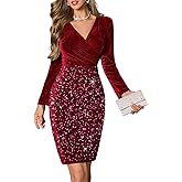 DRESSTELLS Women's Velvet Sequin Cocktail Dress, Sparkly Winter Holiday Party Evening Long Sleeve Bodycon Dresses