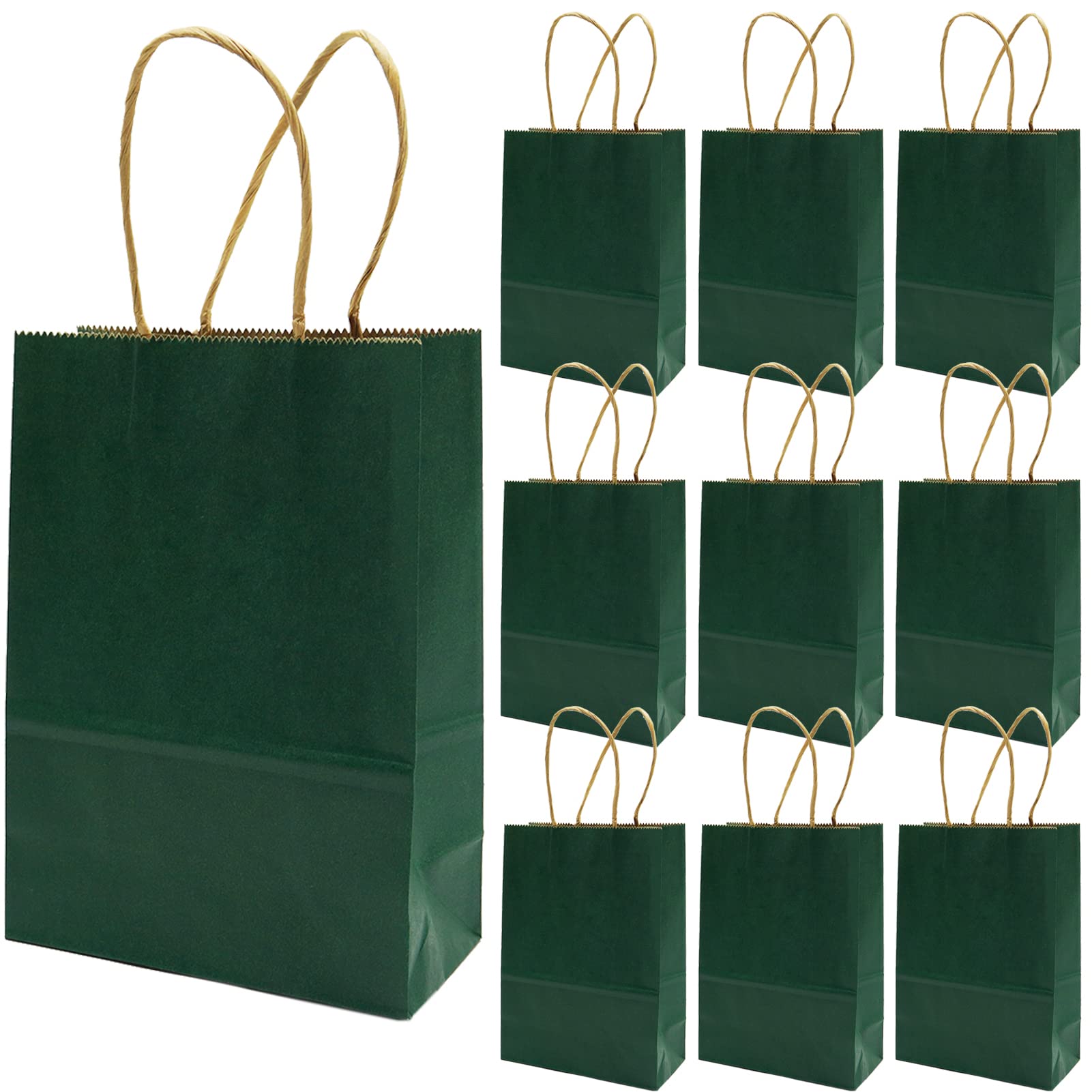 12 pcs Gift Bags, Kraft Paper Party Bags with Handles, Paper Bag with Stickers for Birthday, Gift, Wedding and Party Celebrations 15 x 8 x 21cm (Dark Green)