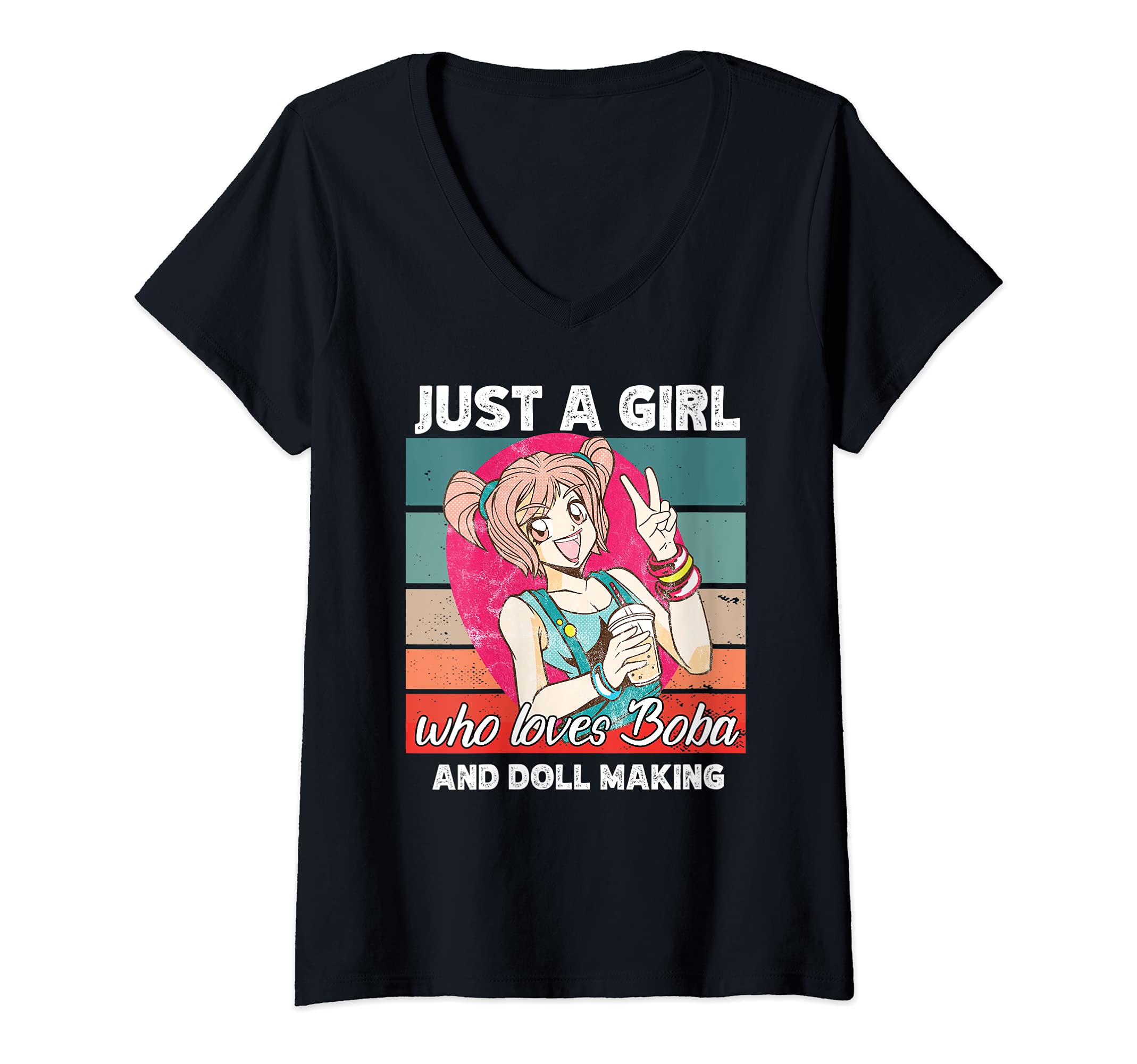 Womens Just a girl who loves boba and Doll making kawaii V-Neck T-Shirt