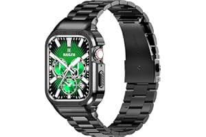 AMZNEW HASLFM Stainless Steel Band with Case Compatible with Apple Watch Series 6 5 4 SE3/2/1(44mm),Series 3 2 1 (42mm), Metal Protective Bumper Cover for iWatch Bands Men,Black