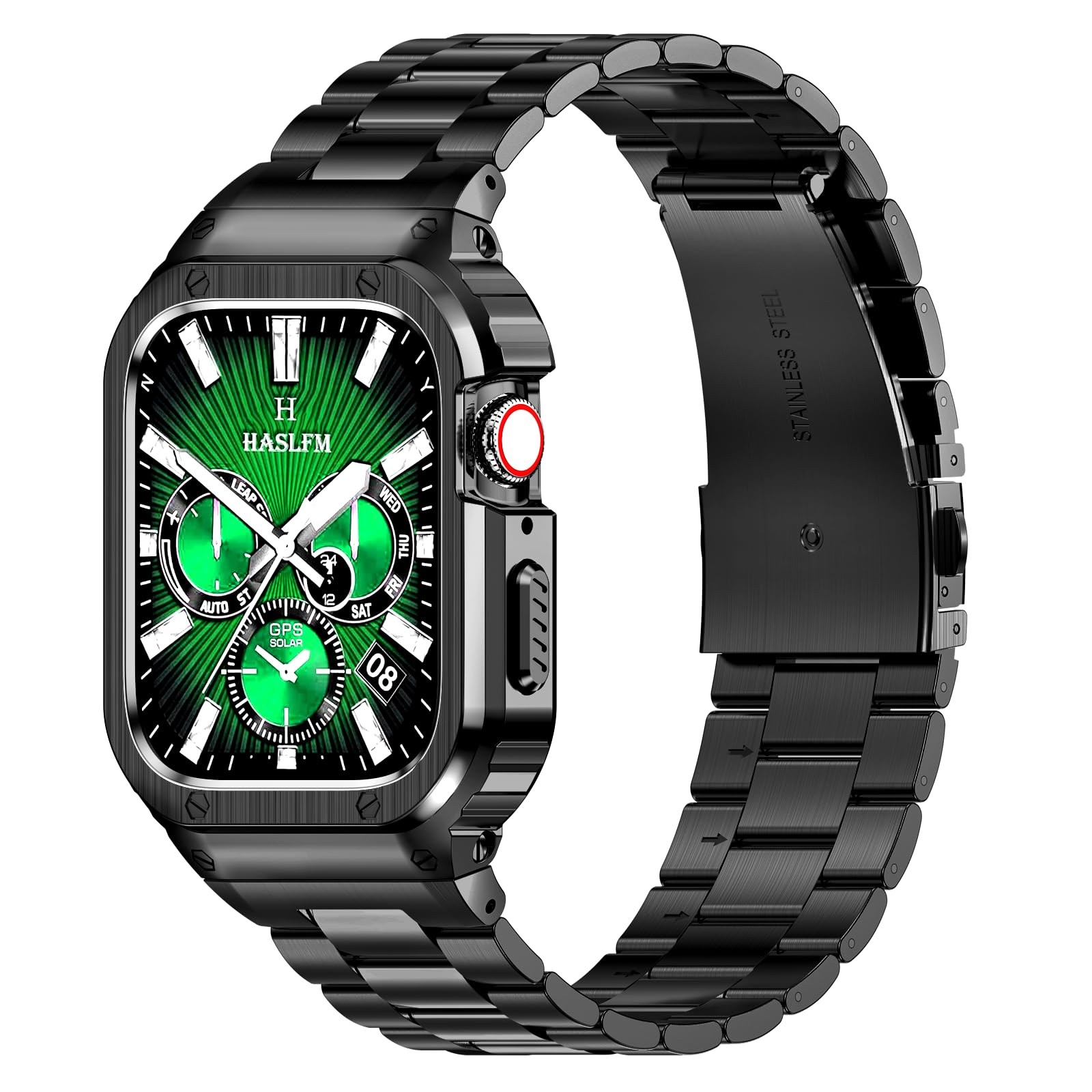 HASLFM Stainless Steel Straps with Case Compatible with Apple Watch 44mm(Series 6/5/4/SE), 42mm(Series 3/2/1) Rugged Metal iWatch Bands and Protective Bumper Cover for Men, Black