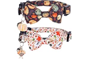 LAMPHYFACE Thanksgiving Day Cat Collar Fall Breakaway with Bow Tie and Bell Autumn Holiday for Kitty Adjustable Safety
