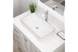Vessel Sink Rectangular, Dcolora 24''x14'' with Rim Ceramic Porcelain Rectangle Vessel Sink Above Counter Vanity Sink Basin, White-Gold