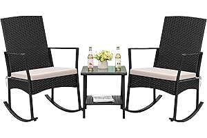 Flamaker Rocking Chair Outdoor PE Rattan Patio Chairs with Glass Table High Back Porch Rocker for Balcony, Garden, Backyard (Beige)