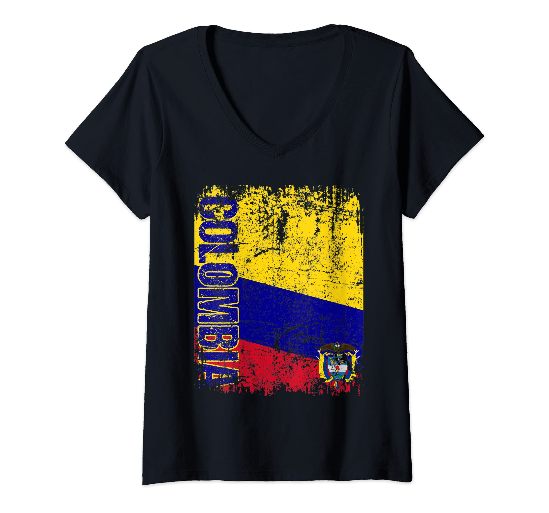 Womens COLOMBIA Flag Vintage Distressed COLOMBIA V-Neck T-Shirt