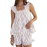 Arssm Womens Floral Pajama Set 2 Piece Loungewear Ruffle Hem Tank Top Vest Shorts Pjs Set Sleeveless Cami Loung Set