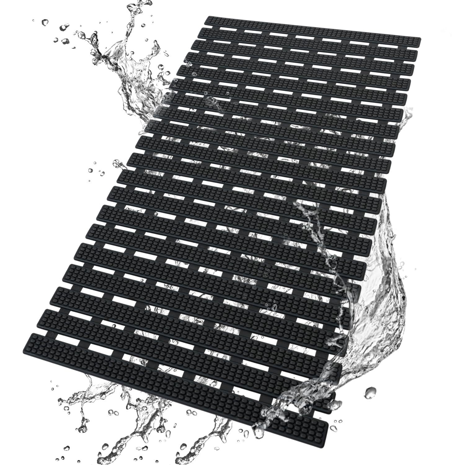 HITSLAM Bath Mat Non Slip Anti Mould, 68x38CM Shower Mats for Inside Shower, Quick Drain TPE Bathtub Mat with Suction Cups, Bathroom Accessories, Durable & Comfortable, Black