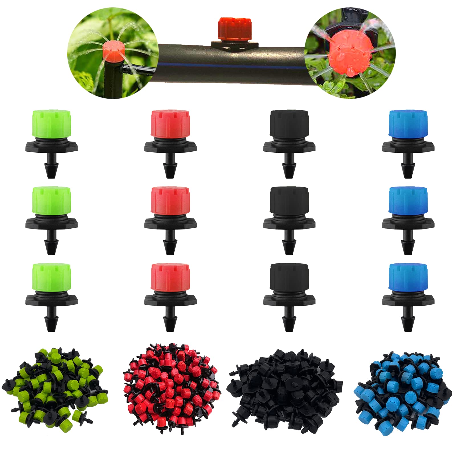 200Pcs Universal Barbed Drip Emitter, HOINCO 360 Degree Adjustable Drip Irrigation Sprinklers, Fits 4mm ID Tube, Grade Drip Irrigation Nozzle Heads for Drip Irrigation Garden Supplies (4 Colors)