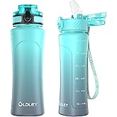 OLDLEY Kids Water Bottle for School with Straw Chug Lid, 15 oz Unbreakable Leak-Proof BPA-Free Motivational Water Bottles with Time Marker for Travel Sports Gym,Blue Grey
