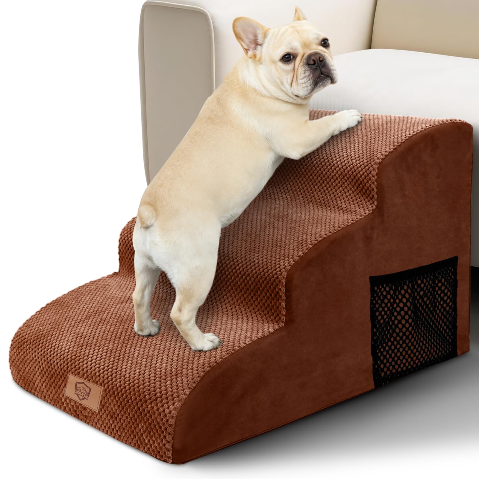 Pawchop Dog Steps for Bed, 3 Steps Non-Slip Pet Steps with Washable Cover, Waterproof Dog Ramp for Bed and Sofa, High Density Foam Steps for Small Injured Older Dogs Cats - Brown, 60x40x40cm