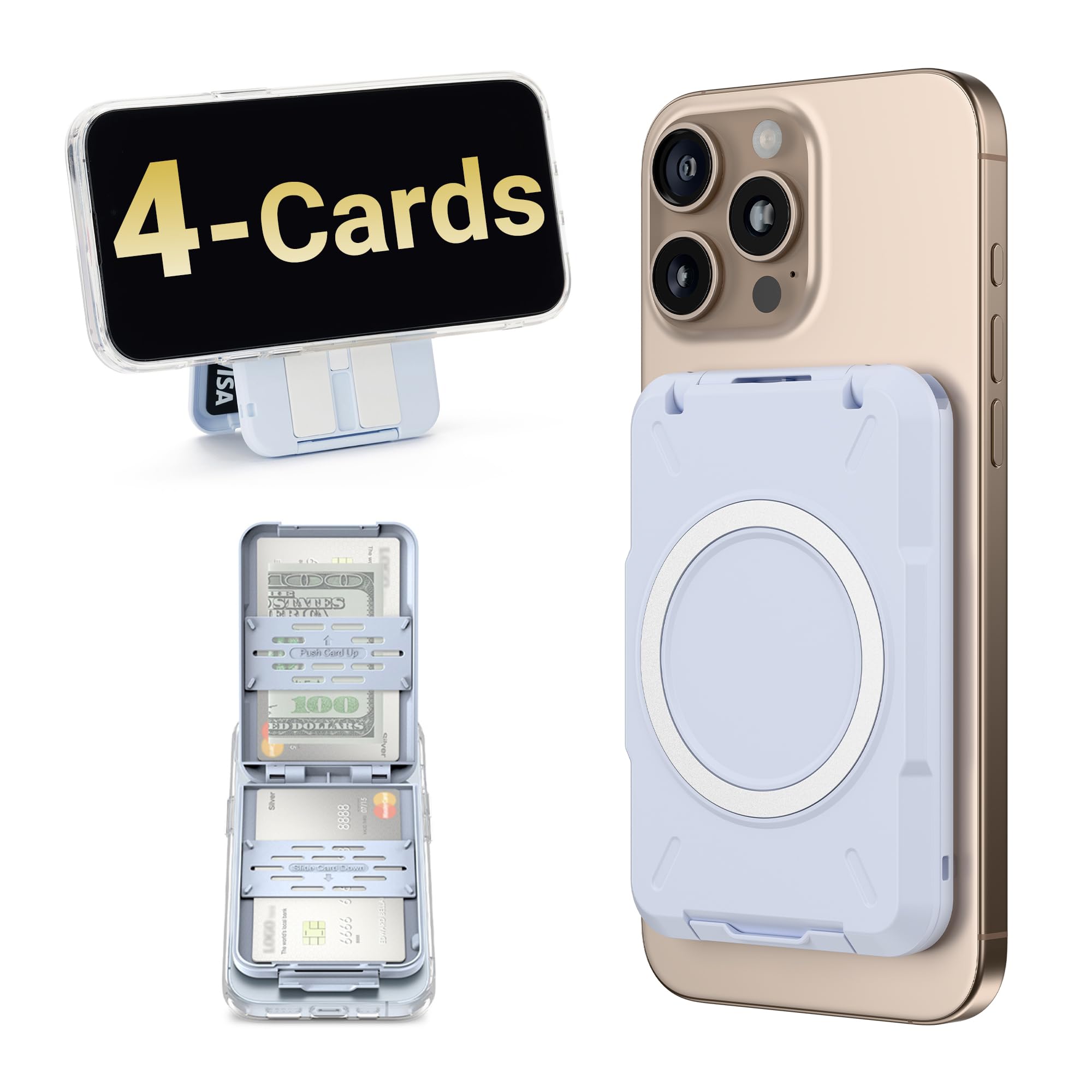 PROfezzion Double Sided Magnetic Phone Wallet, RFID Blocking Snap-on Hard Shell Card Holder 4-Cards Designed for MagSafe Compatible with iPhone 17 16 15 14 13 12 Pro Max & MagSafe Case (0.5" Thick)