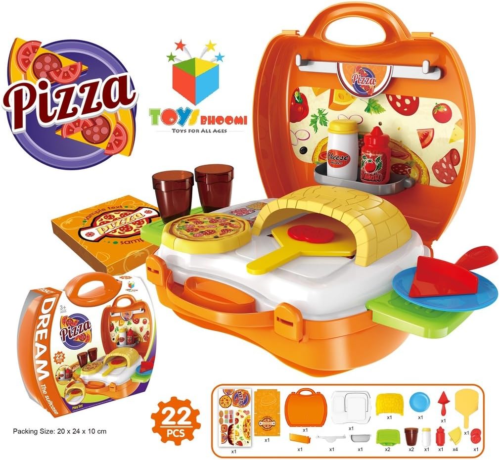 toys bhoomi kids bring along pizza oven suitcase set - 22 pieces-Orange