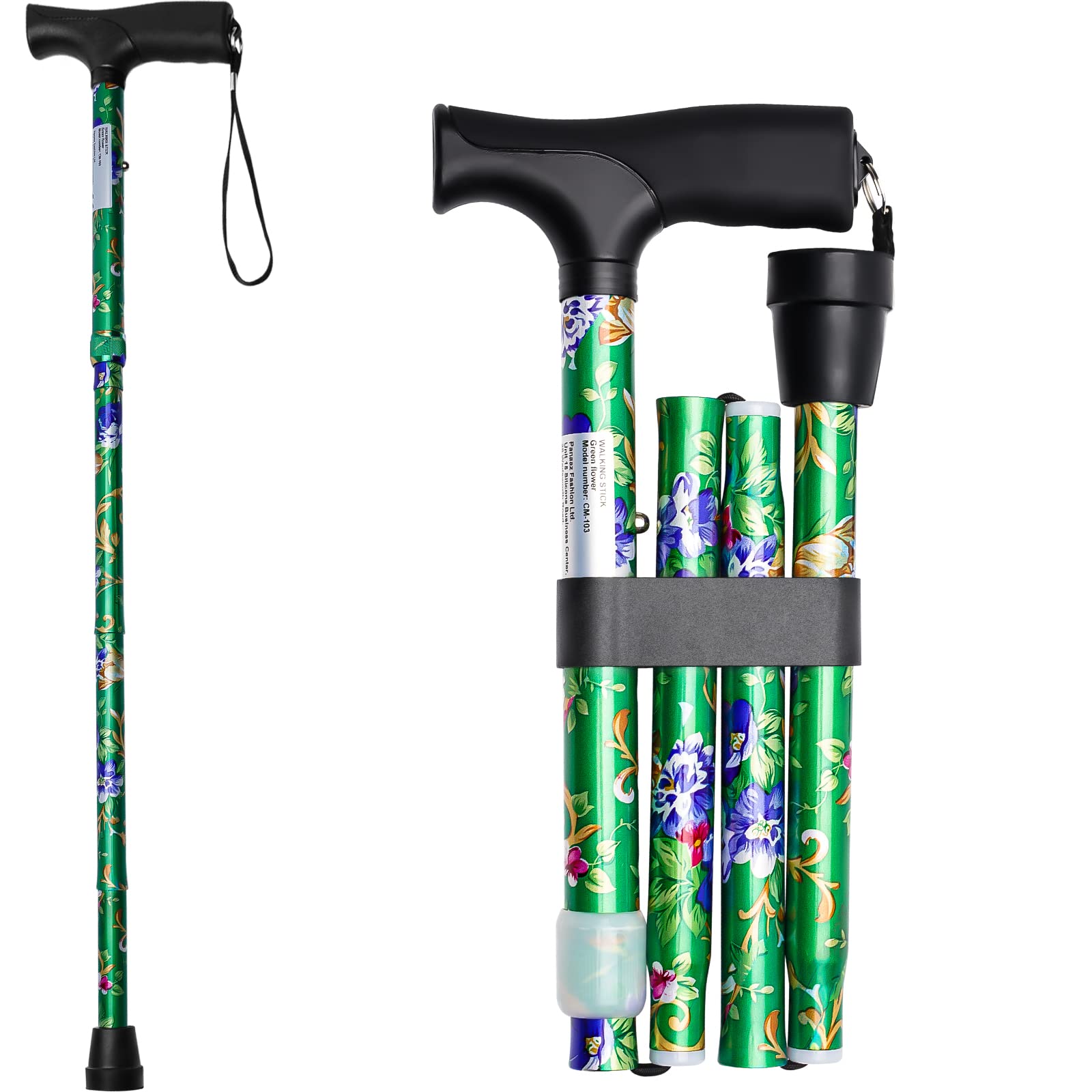 iCatchy Walking Flexible Stick, Easy Adjustable Height Folding Extendable Walking Aid Mobility Aid Collapsible Walking Stick for Unisex UKCA Approved (Green Flower)