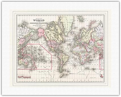 Amazon 世界地図 メルカトル図法上 その中心にアメリカ大陸を出展 ビンテージ イラスト マップ C 17 キャンバスアート 51cm X 66cm キャンバスアート ロール パシフィカ アイランド アート アートフレーム ポスター 通販