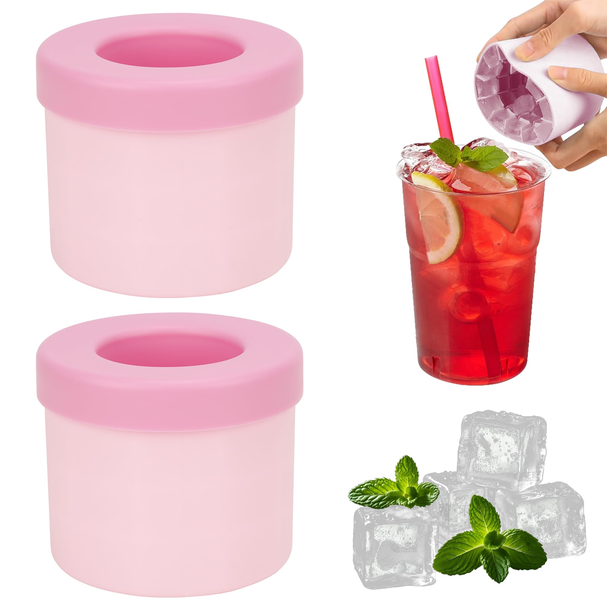 Photo 1 of 2 Pack Cylinder Silicone Ice Cube Molds, Easy-Release Ice Cube Trays for Cocktails, Whiskey, Coffee, Drinks, Portable Ice Bucket Maker Cup with Squeeze Design, 40 Pcs Ice Cubes Capacity (Pink)
