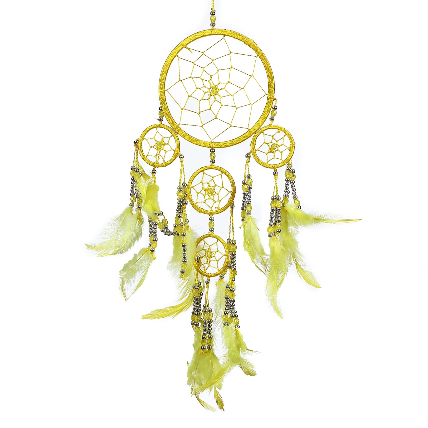 Pink Pineapple Handmade Bohemian Dream Catcher Ethical Hanging Dreamcatcher Wall Art with Feathers and Silver Beads Traditional Crochet Design - 12cm Wide, 35cm Long (Yellow)