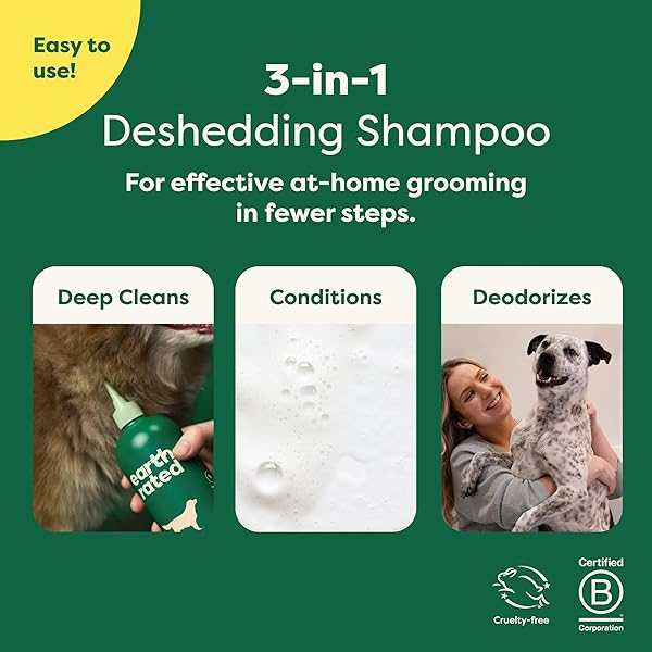 EARTH RATED 3-IN-1 DESHEDDING DOG SHAMPOO AND CONDITIONER, DEODORIZING OATMEAL SHAMPOOS FOR DOGS AND PUPPIES, GREAT FOR SMELLY PETS, WHITE TEA AND BASIL SCENT, 16 OZ
