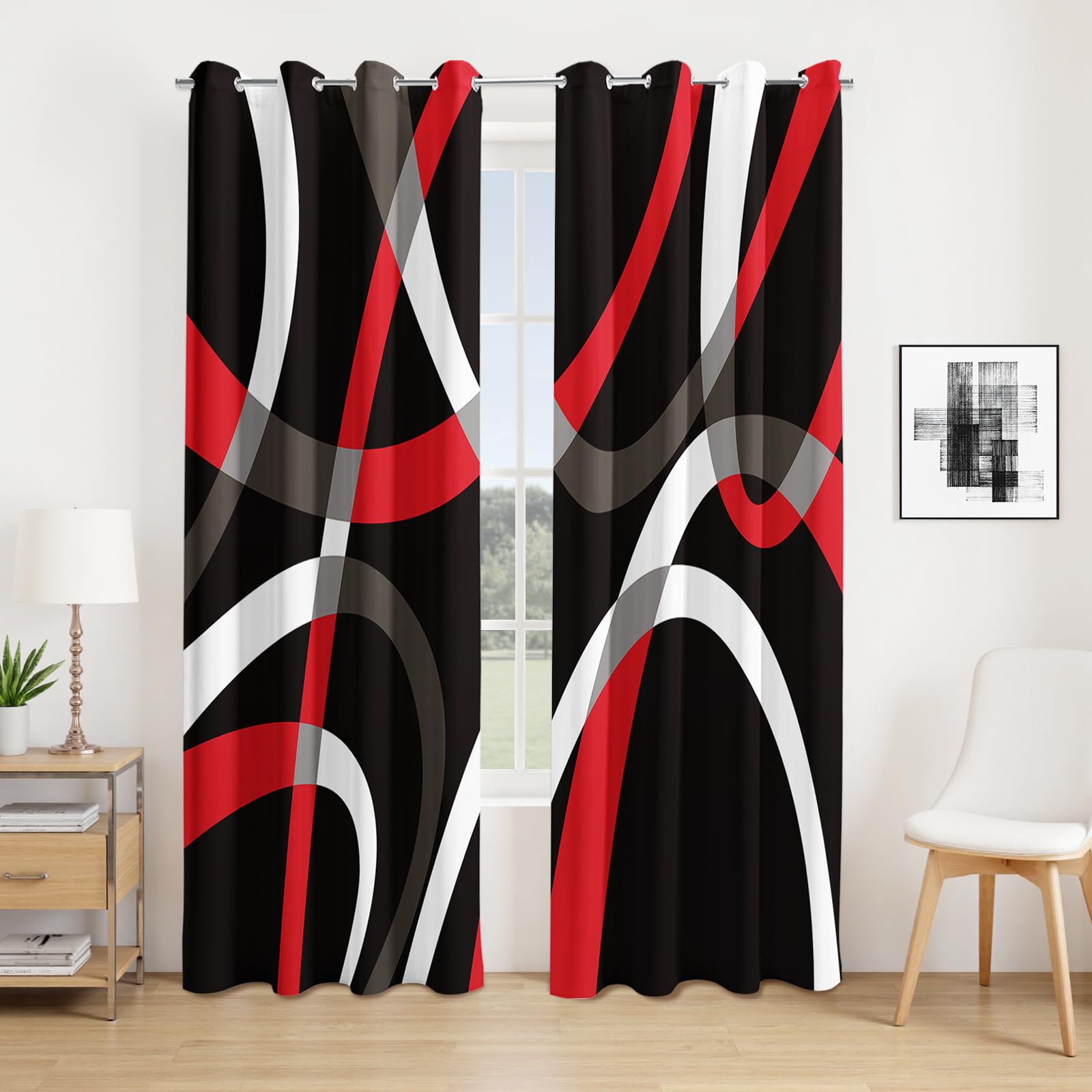 Photo 1 of Modern Blackout Curtains for Bedroom Living Room 2 Panels 100% Blackout Black and Red Circle Pattern Curtains Abstract Stripe Curtains, 52x84 Inches